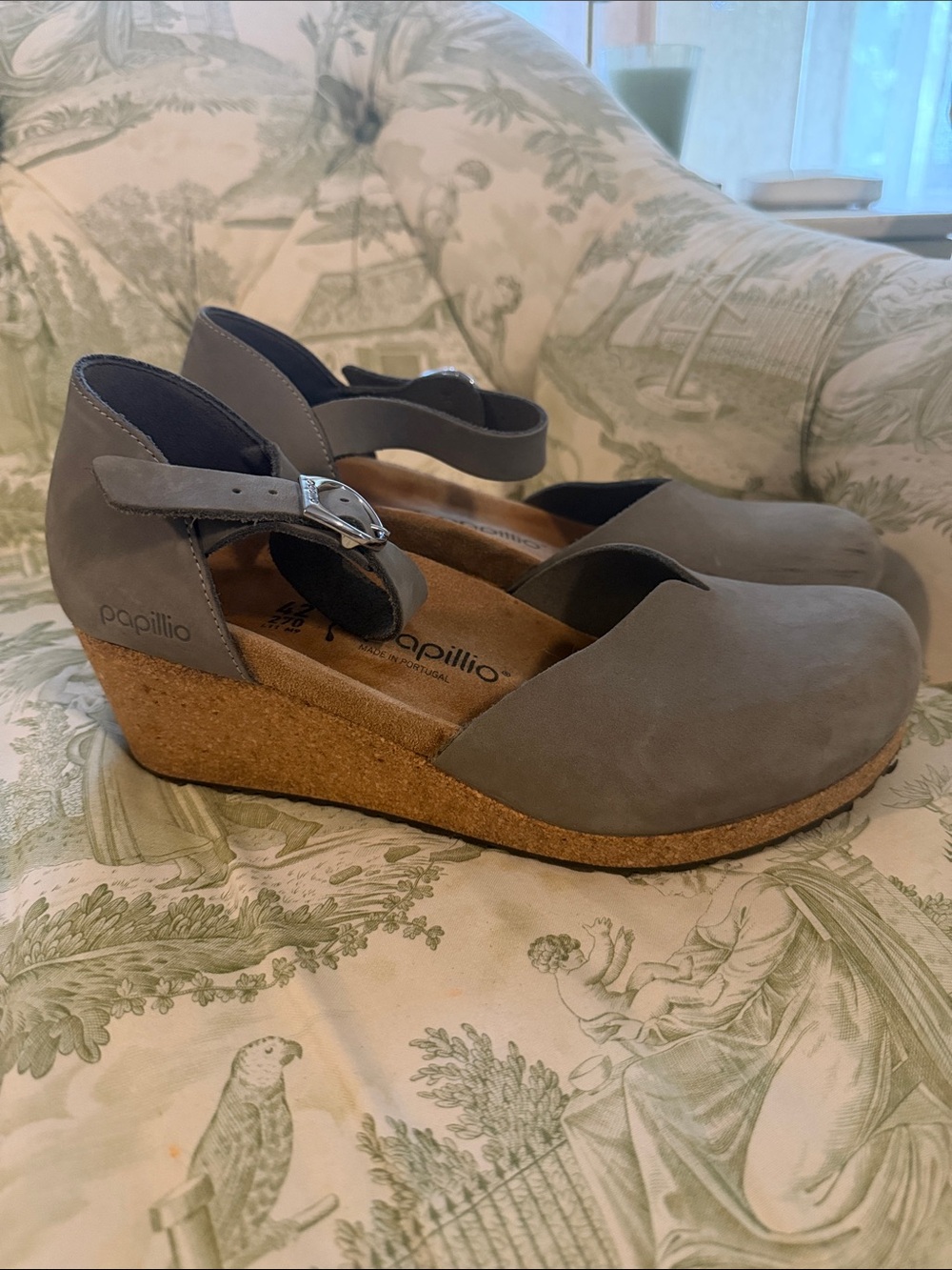 Papillio Gray Suede Cork Wedge Sandals with Ankle Buckle
